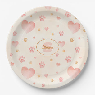Watercolor Pink Hearts & Paw Prints Pattern Paper Plate