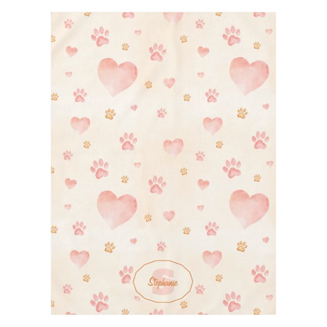 Watercolor Pink Hearts & Paw Prints Pattern Tablecloth (Front)