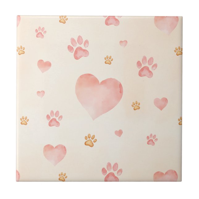 Watercolor Pink Hearts & Paw Prints Pattern Tile (Front)