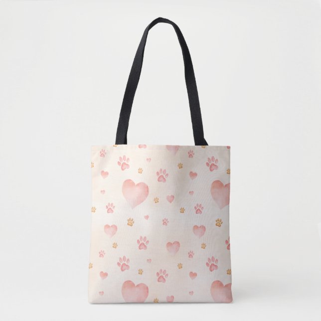 Watercolor Pink Hearts & Paw Prints Pattern Tote Bag (Front)