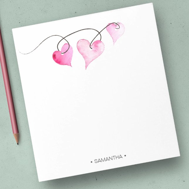 Watercolor Pink Hearts Personalised Stationery Notepad (Valentine's personalized notepads features unique hearts watercolor art by Victoria Grigaliunas)