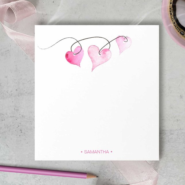 Watercolor Pink Hearts Valentines Day Gifts Notepad (Valentines day gifts personalized notepads with watercolor hearts art by Victoria Grigaliunas)