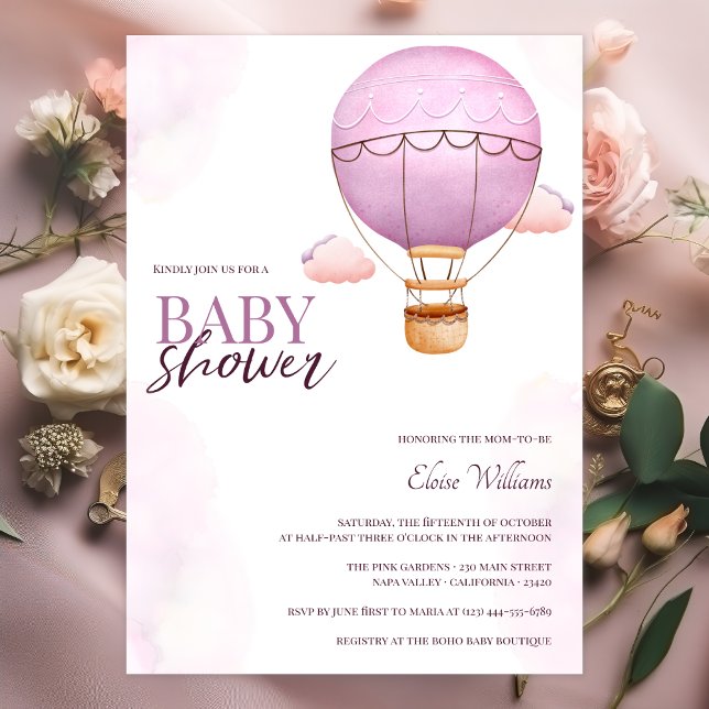 Watercolor Pink Hot Air Balloon Girl Baby Shower  Invitation (Creator Uploaded)