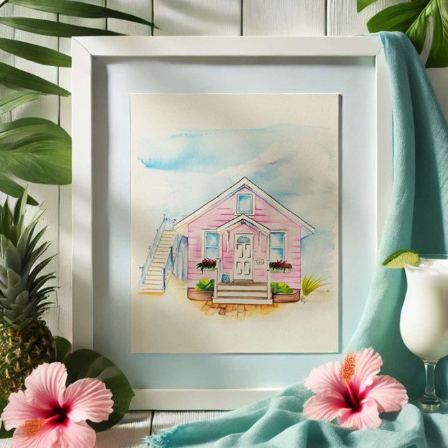 Watercolor Pink House Portrait Poster (Pink house portrait watercolor art by Victoria Grigaliunas Do Tell A Belle)