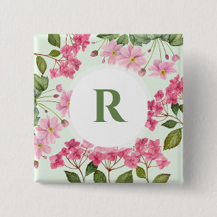 Watercolor Pink Hydrangea and Japanese Anemone 15 Cm Square Badge