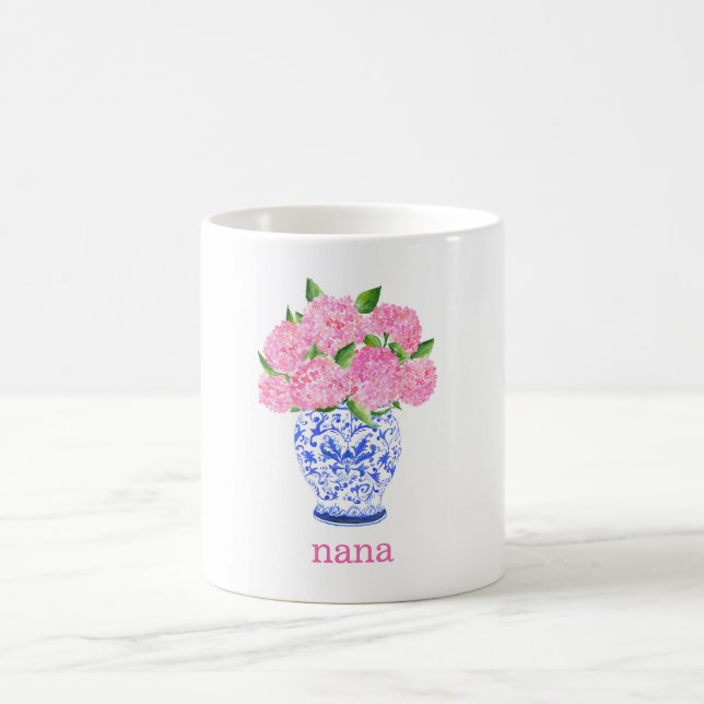 Watercolor Pink Hydrangea Chinoiserie Name Coffee Mug (Center)