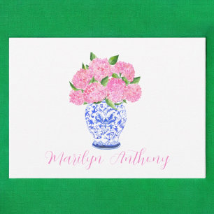 Watercolor Pink Hydrangea Chinoiserie Script Name Card