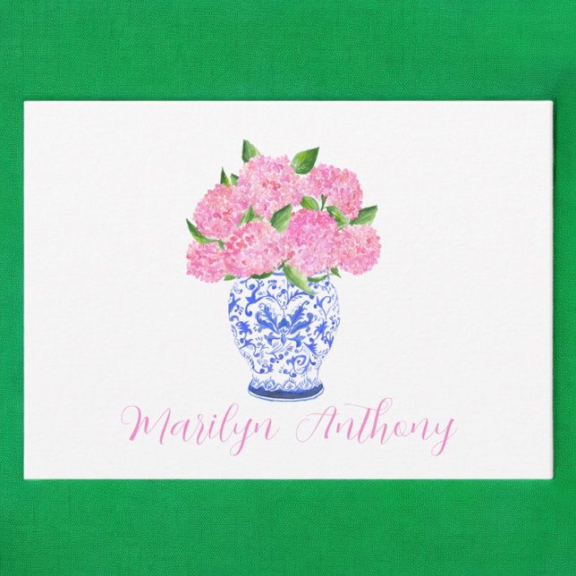 Watercolor Pink Hydrangea Chinoiserie Script Name Card (Creator Uploaded)