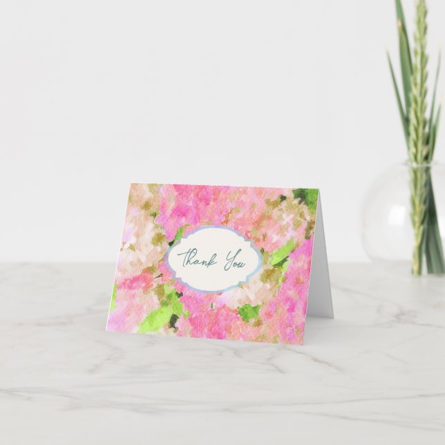 Watercolor Pink Hydrangea Garden Wedding Monogram  Thank You Card (Front)