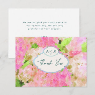 Watercolor Pink Hydrangea Garden Wedding Monogram Thank You Card