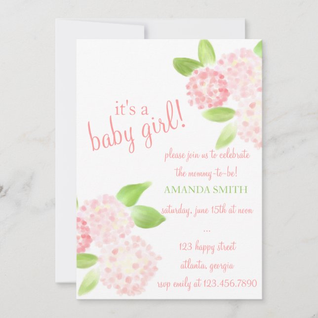 Watercolor Pink Hydrangea Invitation (Front)