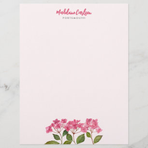 Watercolor Pink Hydrangea Lacecaps Floral Painting Custom Letterhead
