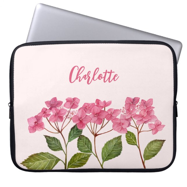 Watercolor Pink Hydrangea Lacecaps Flower Painting Laptop Sleeve (Front)