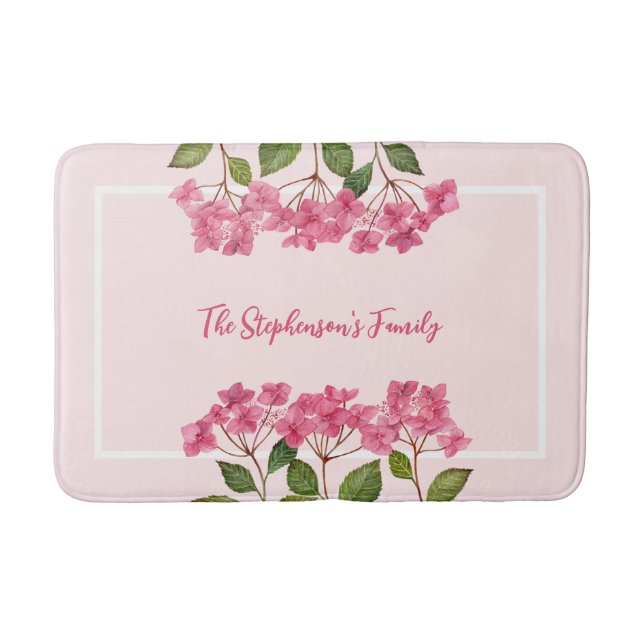 Watercolor Pink Hydrangea Lacecaps Illustration Bath Mat (Front)