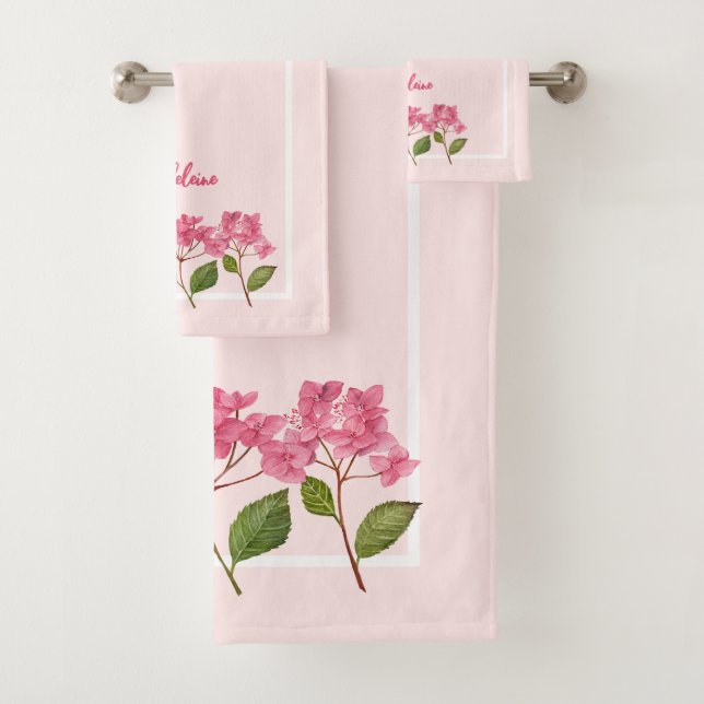 Watercolor Pink Hydrangea Lacecaps Illustration Bath Towel Set (Insitu)