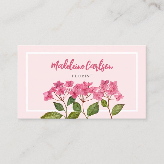 Watercolor Pink Hydrangea Lacecaps Illustration Business Card (Front)