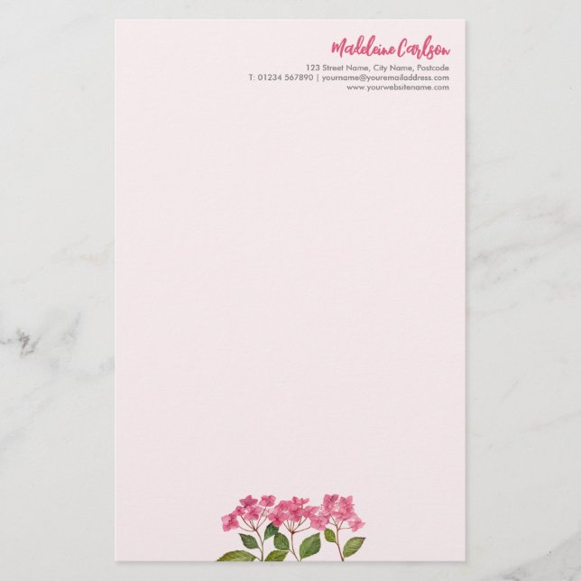 Watercolor Pink Hydrangea Lacecaps Illustration Stationery (Front)