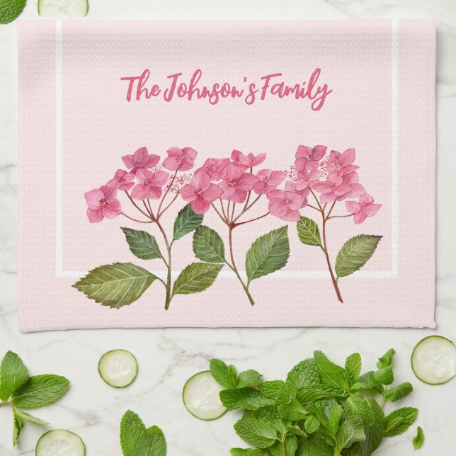 Watercolor Pink Hydrangea Lacecaps Illustration Tea Towel (Folded)