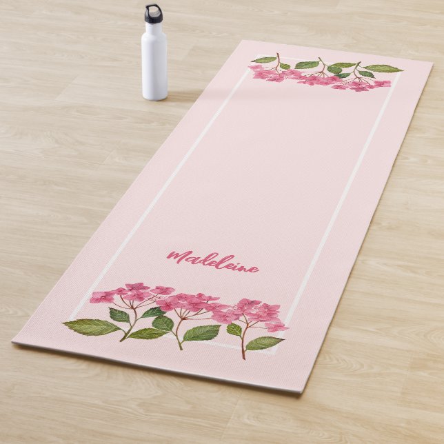 Watercolor Pink Hydrangea Lacecaps Illustration Yoga Mat (In Situ)