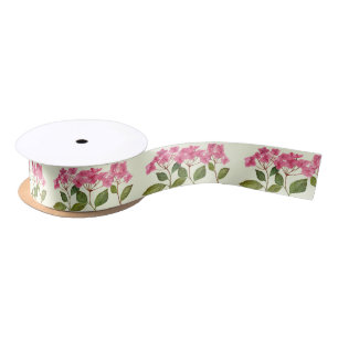 Watercolor Pink Hydrangea Lacecaps Pattern Satin Ribbon