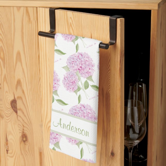 Watercolor Pink Hydrangea With Text Border Tea Towel (Thirds Fold)