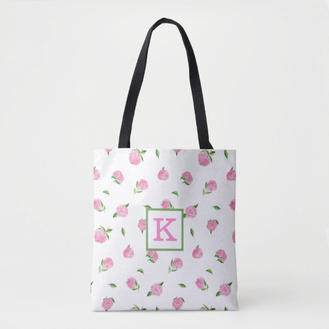 Watercolor Pink Hydrangeas Monogram Tote Bag (Front)
