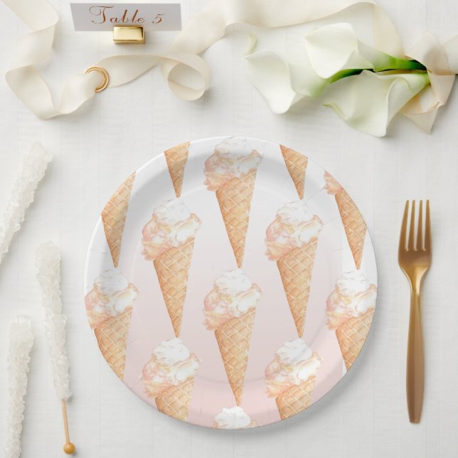 Watercolor Pink Ice Cream  Paper Plates (Wedding)