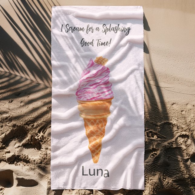 Watercolor Pink Ice Cream Personalised  Beach Towel (Creator Uploaded)