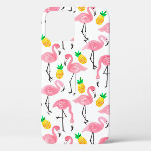 Watercolor pink ink flamingo and yellow pineapple  iPhone 12 case