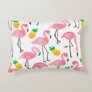 Watercolor pink ink flamingo and yellow pineapple decorative cushion