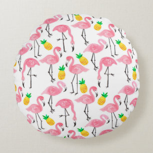 Watercolor pink ink flamingo and yellow pineapple round cushion