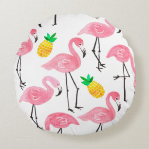 Watercolor pink ink flamingo and yellow pineapple round cushion