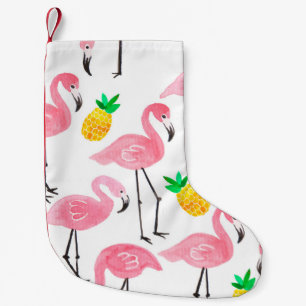 Watercolor pink ink flamingo and yellow pineapple  small christmas stocking
