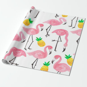 Watercolor pink ink flamingo and yellow pineapple  wrapping paper