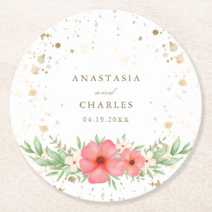 Watercolor Pink Ivory Greenery Floral Gold Specks Round Paper Coaster