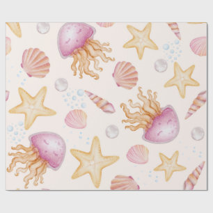 Watercolor Pink Jellyfish and Gold Starfish  Wrapping Paper
