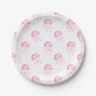 watercolor pink jellyfish beach design paper plate