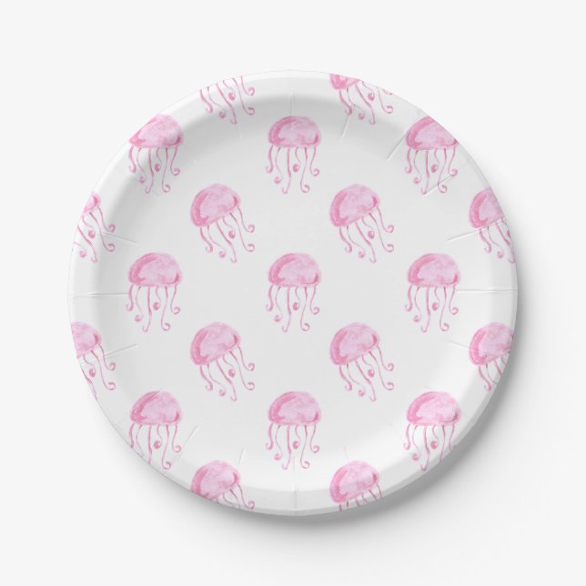 watercolor pink jellyfish beach design paper plate (Front)