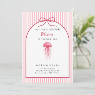 Watercolor Pink Jellyfish Bow Girl 1st Birthday Invitation
