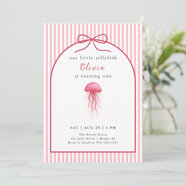 Watercolor Pink Jellyfish Bow Girl 1st Birthday Invitation (Standing Front)