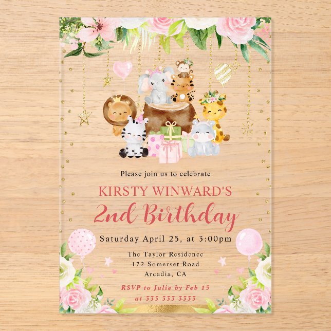 Watercolor Pink Jungle Animals Kids Birthday Acrylic Invitations (Front)