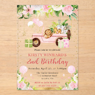 Watercolor Pink Jungle Animals Kids Birthday Acrylic Invitations