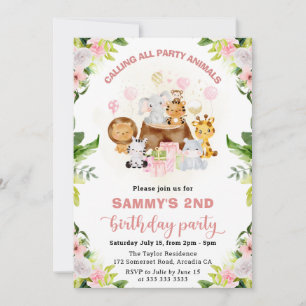 Watercolor Pink Jungle Animals Kids Birthday Invitation