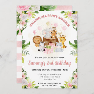 Watercolor Pink Jungle Animals Kids Birthday Invitation