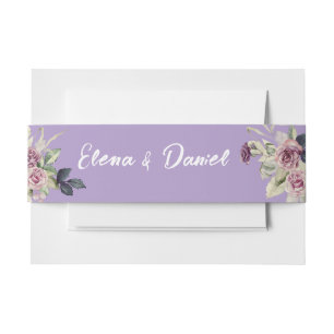 Watercolor pink lavender roses minimalist invitation belly band