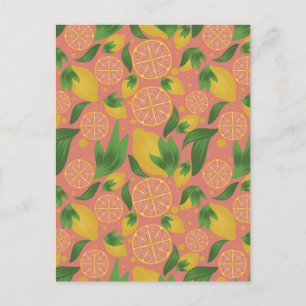 Watercolor Pink Lemon Fruit Pattern Postcard