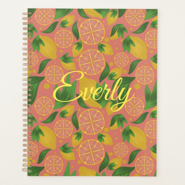Watercolor Pink Lemon Fruit Personalised Planner (Front)