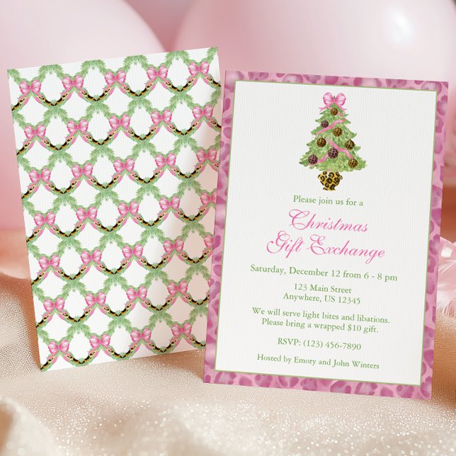 Watercolor Pink Leopard Christmas Tree Party Invitation (Creator Uploaded)