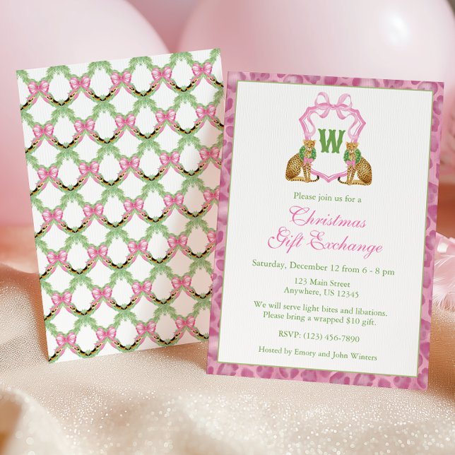 Watercolor Pink Leopard Monogram Crest Party Invitation (Creator Uploaded)