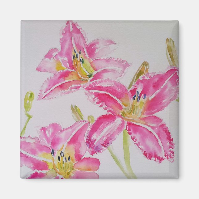 Watercolor Pink Lily Flower Floral Flowers Art Magnet (Front)